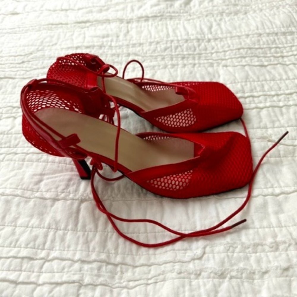 Red Bottega Veneta inspired square toe mesh wrap sandals Size 39